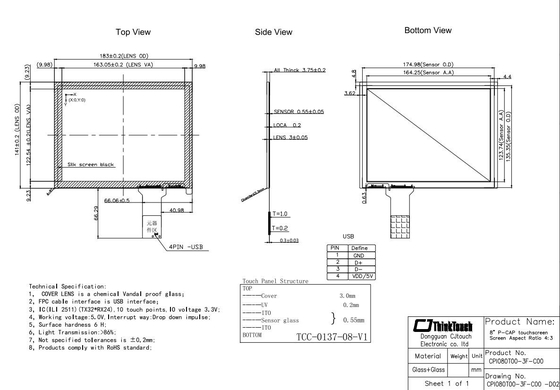7“ - 8,4“ Multiaanrakings Capacitieve Touchscreen, Antiglare Stofdicht Touch screen PCAP